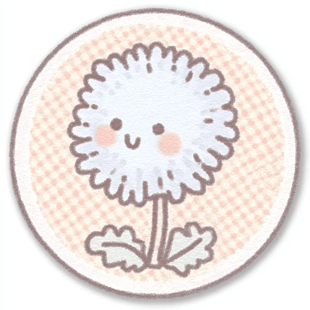 かわいいゆるい丸アイコンのたんぽぽ１｜水色がかった綿毛のたんぽぽが淡いギンガム背景の中央にふわっと佇む、布のような質感がやさしいかわいいゆるい丸アイコンのデザイン。親しみやすく素朴な癒しを感じさせます。