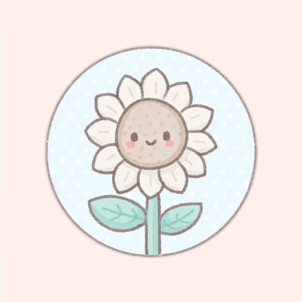かわいいゆるい丸アイコンのひまわり１｜白っぽい花びらと水色の水玉背景が爽やかに調和したかわいいゆるい丸アイコンのひまわり。笑顔とナチュラルなタッチが夏らしい明るさと穏やかさを届けてくれます。