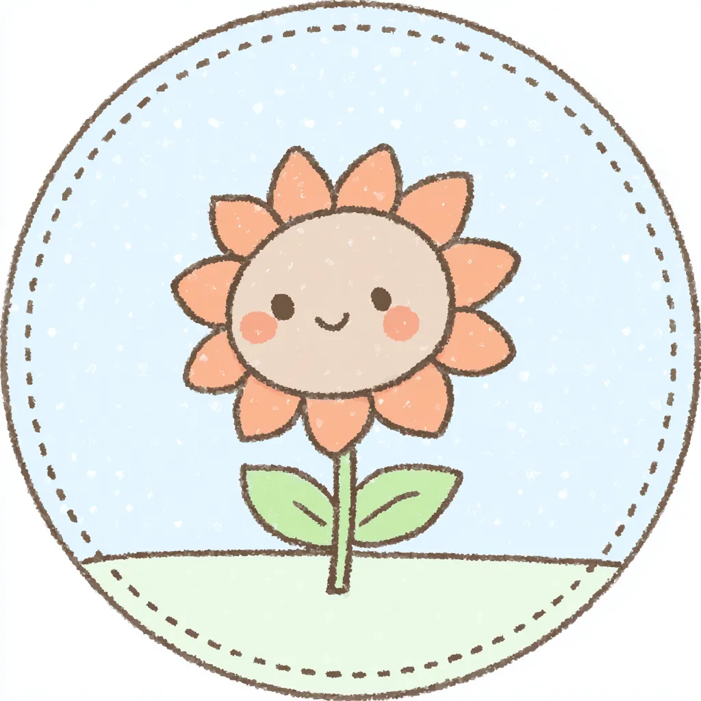かわいいゆるい丸アイコンのひまわり２｜太陽を思わせるオレンジの花びらと明るい空の背景が印象的なかわいいゆるい丸アイコンのひまわり。元気な笑顔とナチュラルな配色で季節感をやさしく演出します。