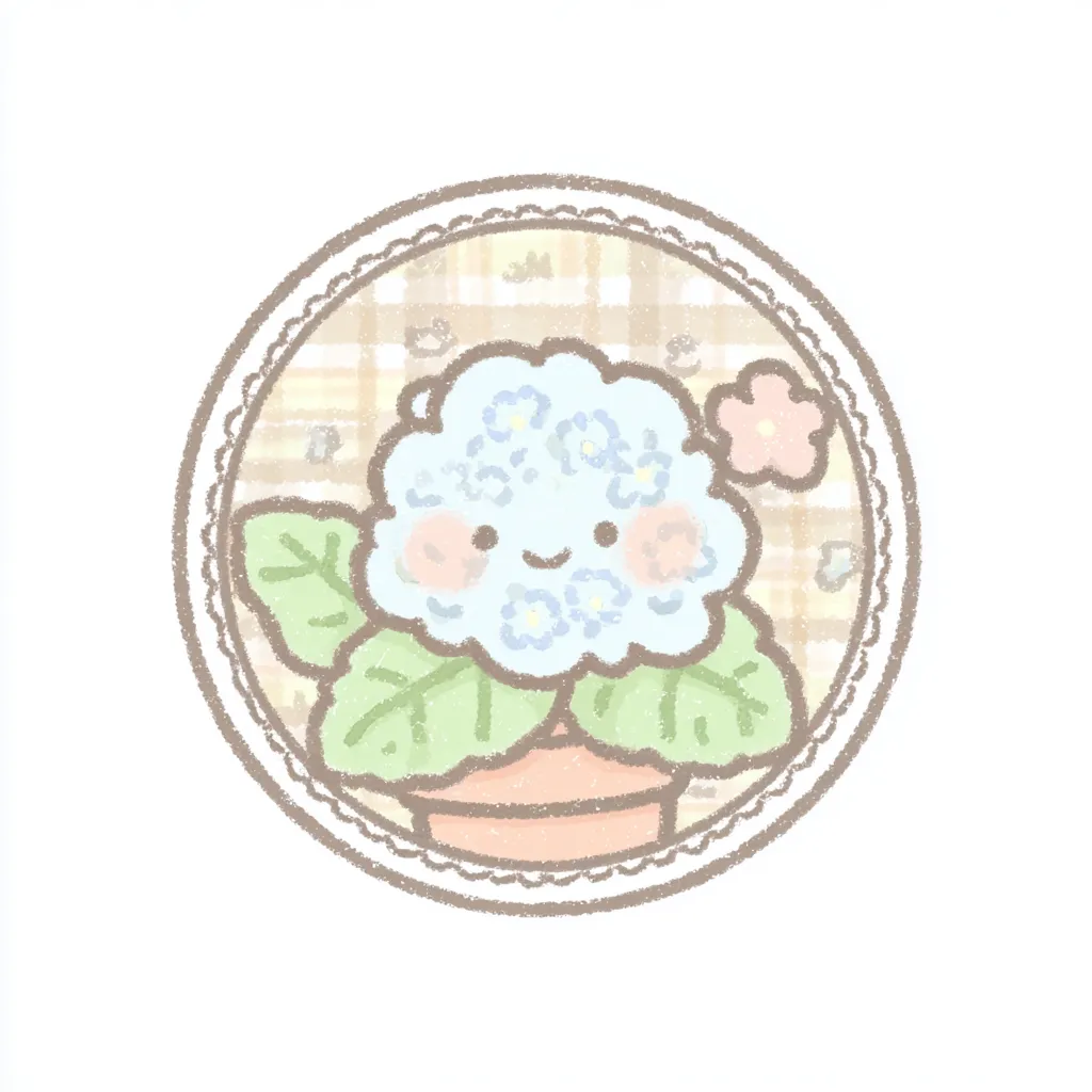 かわいいゆるい丸アイコンの紫陽花｜鉢植えの紫陽花が淡いチェック柄とレース風の縁取りに包まれ、にっこりと微笑むかわいいゆるい丸アイコンのデザイン。梅雨の時期をやさしく彩るほっとする一枚です。