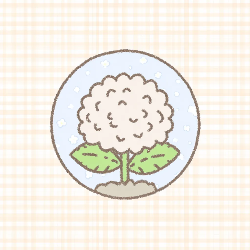 かわいいゆるい丸アイコンのアジサイ｜ふんわりした淡色で描かれたあじさいが主役の、かわいいゆるい丸アイコンのイラストです。背景のパステルブルーと花の優しい白が調和し、梅雨の季節感をやさしく伝える柔らかな雰囲気が魅力です。
