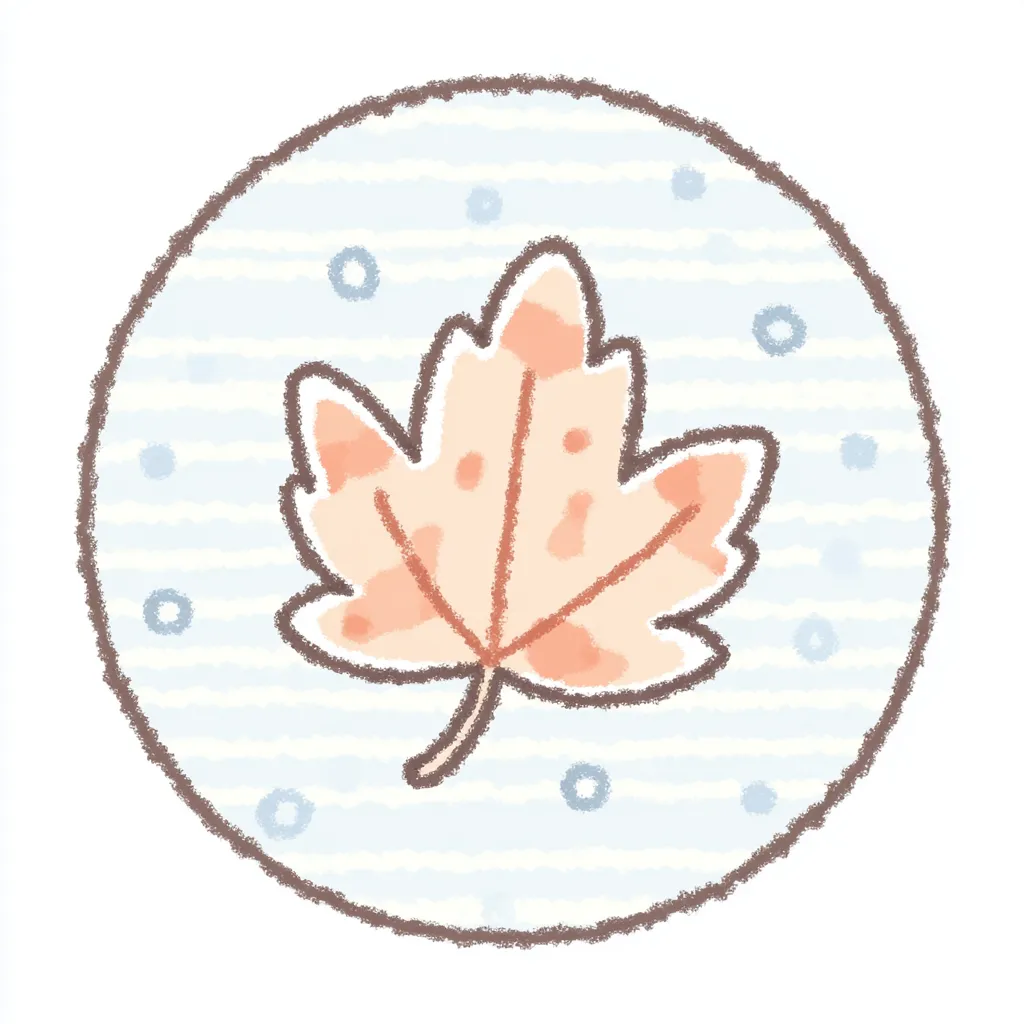 かわいいゆるい丸アイコンのモミジ１｜くすみピンクとブルーの水玉背景で、秋らしいもみじをゆるく描いた、かわいいゆるい丸アイコンのイラスト。季節の移ろいをやさしく伝える、どこか懐かしい雰囲気が印象的です。