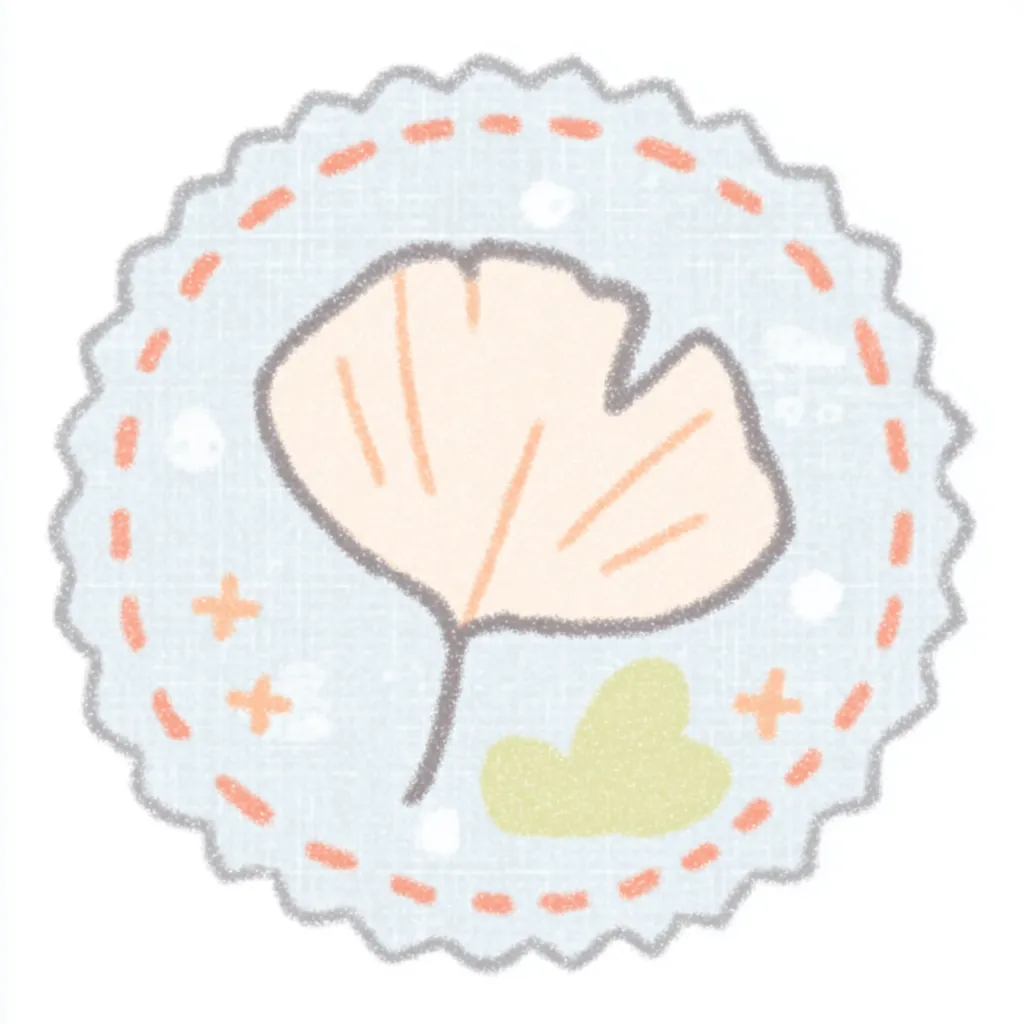 かわいいゆるい丸アイコンのイチョウ｜やわらかな線とくすみ色で描かれたイチョウの葉が、かわいいゆるい丸アイコンの中でやさしく揺れています。ステッチ風の縁や小さな飾りが全体に手づくり感を添え、ぬくもりある秋の印象を与えます。