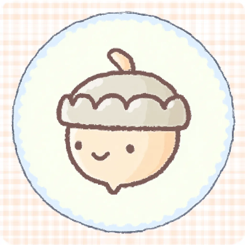 かわいいゆるい丸アイコンのドングリ２｜ちょこんと笑った表情が愛らしいどんぐりが主役の、かわいいゆるい丸アイコンのイラストです。ソフトなタッチで描かれたチェック背景と、落ち着いた色味があたたかい気分にさせてくれます。
