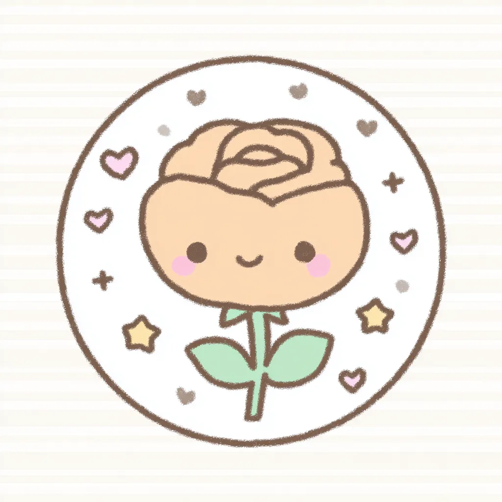 かわいいゆるい丸アイコンのバラ１｜やわらかな線で描かれたバラに笑顔が咲き、星やハートに囲まれて温かみのある雰囲気を持つかわいいゆるい丸アイコンの作品です。見ているだけで心がほぐれます。