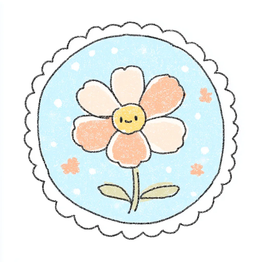 かわいいゆるい丸アイコンのコスモス２｜やさしい笑顔のコスモスが中心に描かれた、かわいいゆるい丸アイコンの作品です。クレヨンタッチのぬくもりとパステルブルーの背景が、見た人の気持ちをほんのり明るくしてくれます。