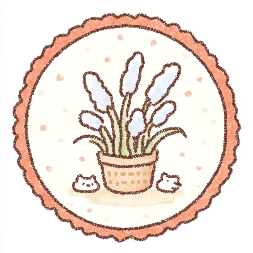 かわいいゆるい丸アイコンのススキ｜ざっくりとした柔らかな線で描かれたススキの鉢植えが、かわいいゆるい丸アイコンの中に収められています。控えめなパステル色と動物のような添えキャラが、秋らしさとほのぼの感を同時に演出しています。