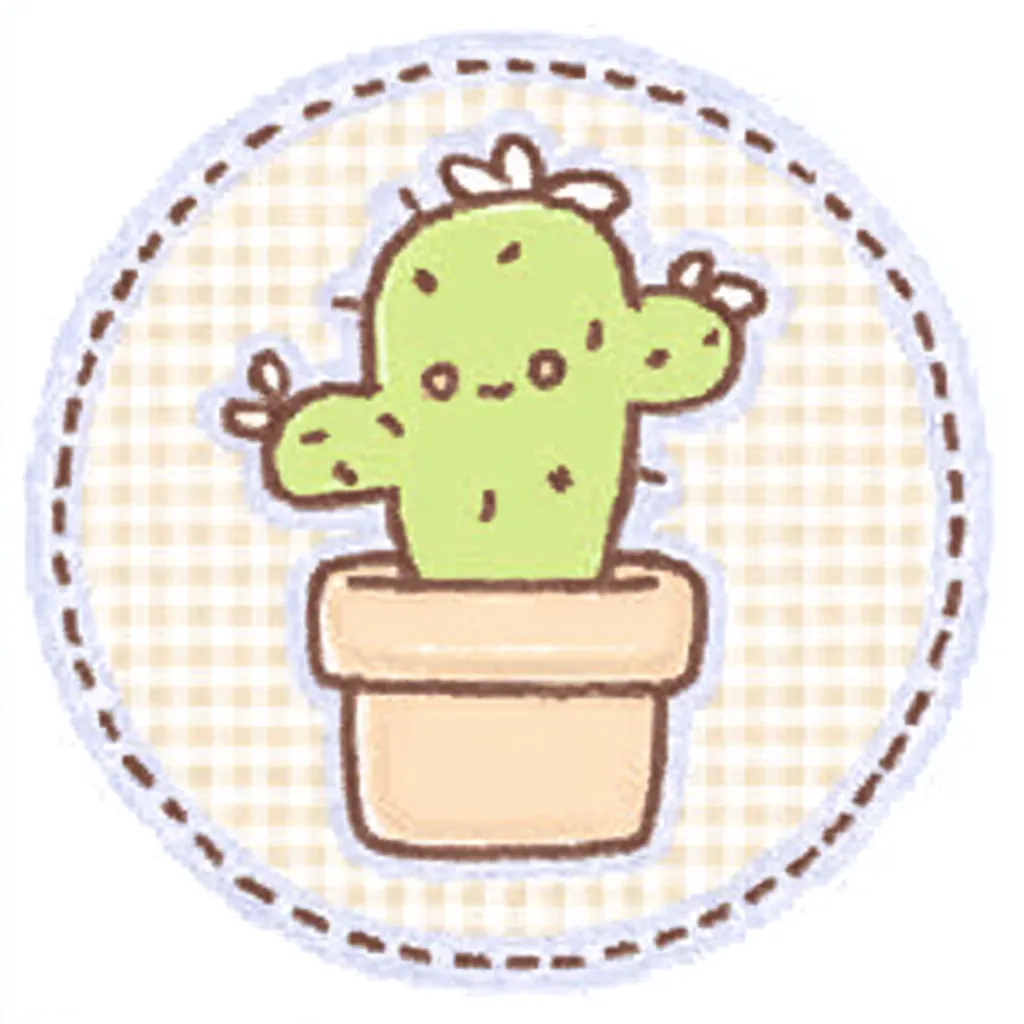 かわいいゆるい丸アイコンのサボテン１｜まるみのあるサボテンが鉢植えで描かれた、かわいいゆるい丸アイコンのデザインです。パッチワーク風のステッチと背景のチェックが手作り感を強調し、どこか懐かしくあたたかい雰囲気です。