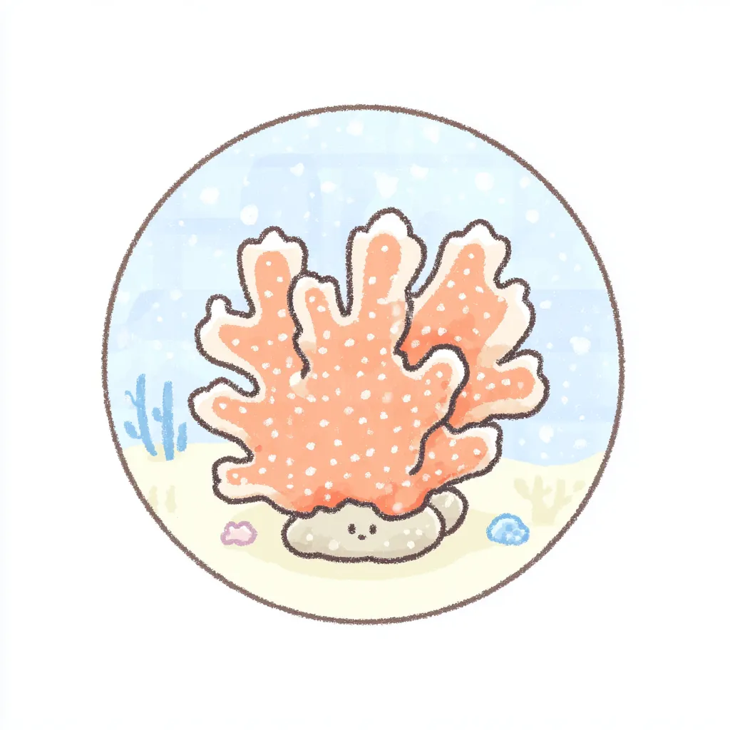 かわいいゆるい丸アイコンのサンゴ２｜水玉模様のような点描が施されたサンゴが中央に描かれた、かわいいゆるい丸アイコンのデザイン。淡いブルーの背景とふわっとしたグラデーションが、涼しげで穏やかな印象を与えます。
