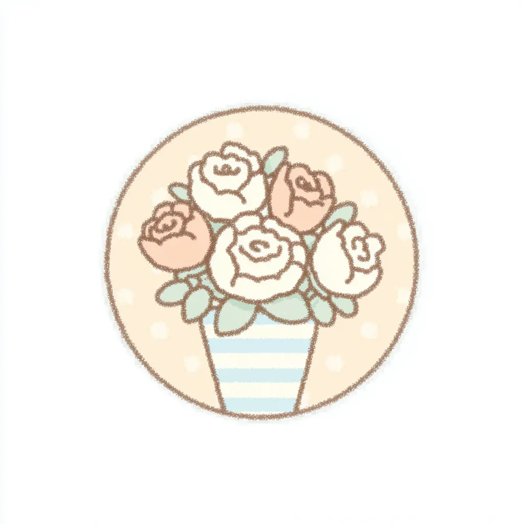 かわいいゆるい丸アイコンのバラ花束１｜ほわっとした線と色合いで描かれた5輪のバラとストライプの花瓶が、水玉背景と相まってやさしく調和するかわいいゆるい丸アイコンのデザインです。上品で可憐な印象を放ちます。