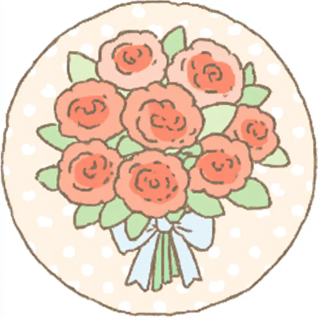 かわいいゆるい丸アイコンのバラ花束２｜ふっくらと描かれた赤みのあるバラがぎゅっと束ねられ、水色のリボンと水玉背景がポップな雰囲気を添えるかわいいゆるい丸アイコンの花束。華やかで祝福感ある一枚です。