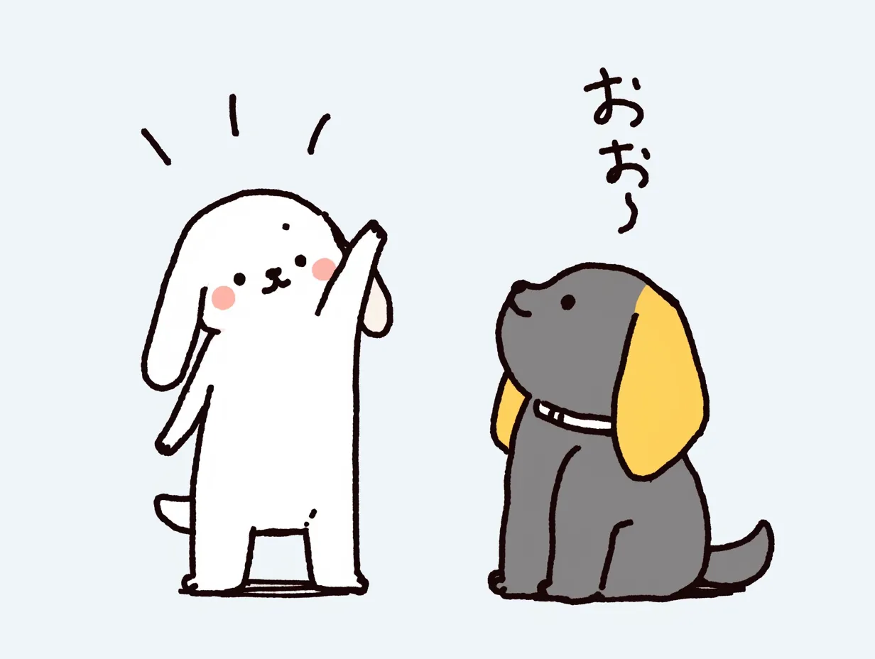 かわいい相談・ウサギとイヌのひらめき｜丸みを帯びた優しい線画が特徴の「かわいい相談」場面。ウサギが元気に手を挙げ、イヌが驚きつつも興味を持って聞いている様子が描かれている。