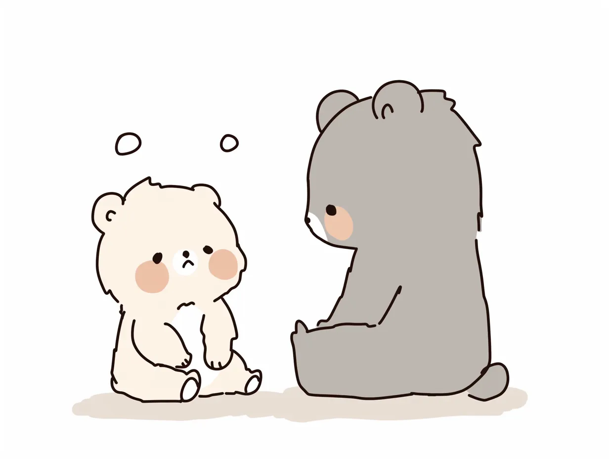かわいい相談・クマの親子の静かな対話｜落ち着いた色彩とシンプルなデザインの「かわいい相談」シーン。小さなクマが困った表情で話しかけ、大きなクマが優しく耳を傾けている穏やかな雰囲気。