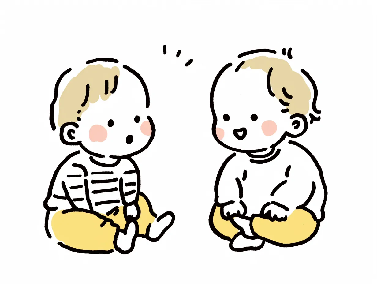 かわいい会話をする向き合う赤ちゃん｜ミニマルな線画と優しい配色で、座った赤ちゃんたちが微笑みながら会話する姿を描いたイラスト。純粋なかわいい会話が印象的な構成。