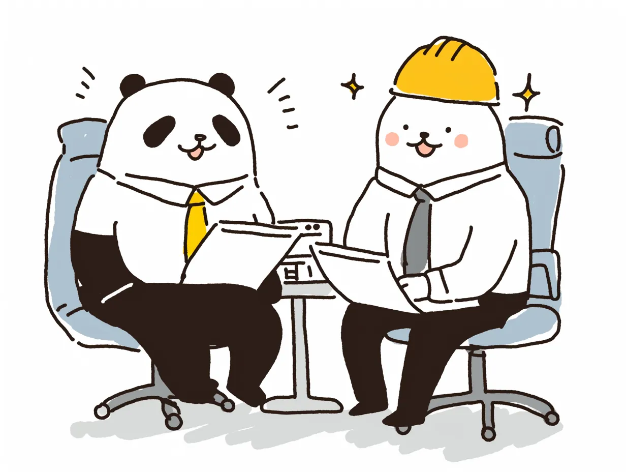 かわいい協力・会議するパンダとアザラシ｜ビジネススーツを着たパンダとアザラシが、オフィスで書類を持ちながら楽しく会議をしています。親しみやすいイラストスタイルで、協力し合うチームワークの大切さが伝わる可愛らしい表現になっています。