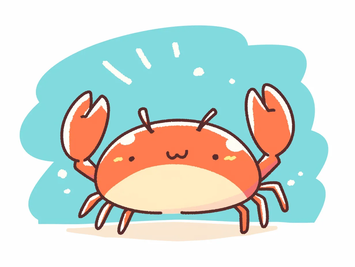 かわいいカニ　にっこりばんざい｜明るい赤と丸いフォルムが特徴のかわいいカニが両手を上げて元気なポーズ。背景のブルーが爽やかさを引き立てています。