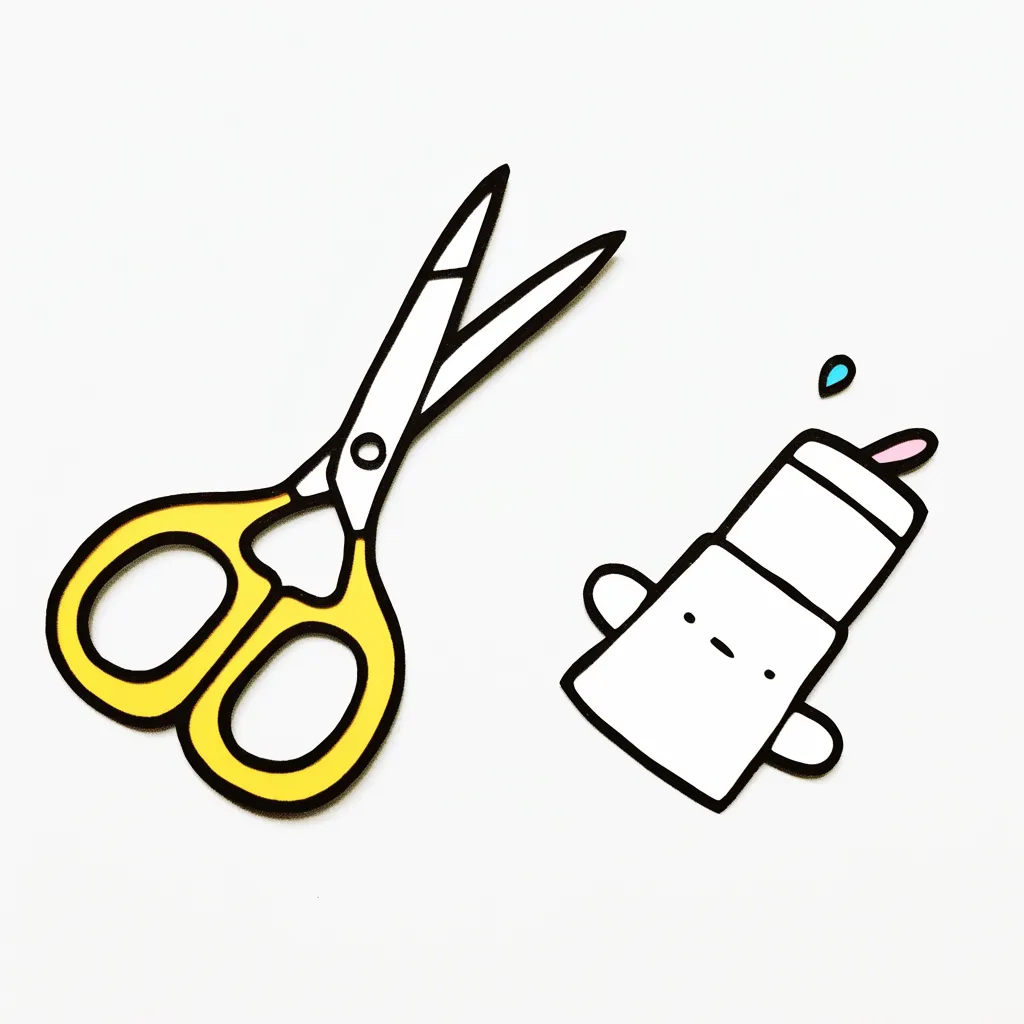 かわいい工作用ハサミと糊｜黄色いハサミと小さなキャラクター風の糊が並んだシンプルなイラスト。極太の線がアクセントになっており、ポップな印象を与える。かわいい工作に欠かせないアイテムを楽しく表現。