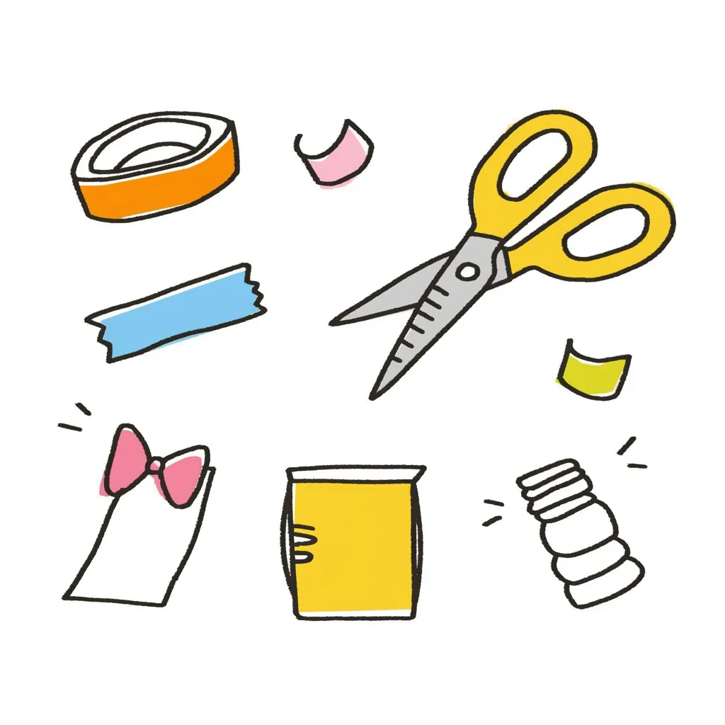 かわいい工作道具セット｜ハサミやテープ、リボンなどのアイテムが散りばめられた楽しいデザイン。ポップな色使いと手描き風のラインが、かわいい工作のワクワク感を引き立てる。シンプルながら活気のある構成が魅力。