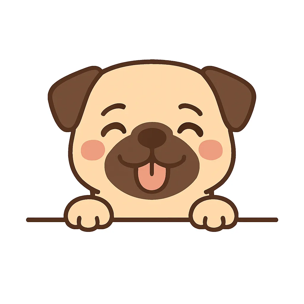 かわいい下からひょっこりパグのイラスト｜パグの個性的な顔立ちを活かした下からひょっこりイラスト。くしゃっとした表情とぽってりしたフォルムが、ユニークで愛されるキャラとして表現されています。
