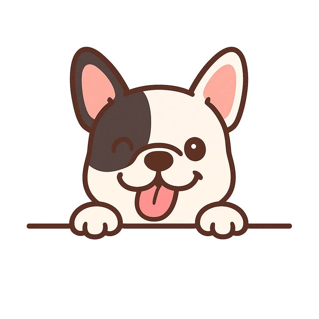 かわいい下からひょっこりフレンチブルドッグのイラスト｜片目ウインクとベロ出しが愛らしいフレンチブルドッグ。耳の大きさやブチ模様が個性を引き立て、ポップで明るい仕上がりが魅力です。