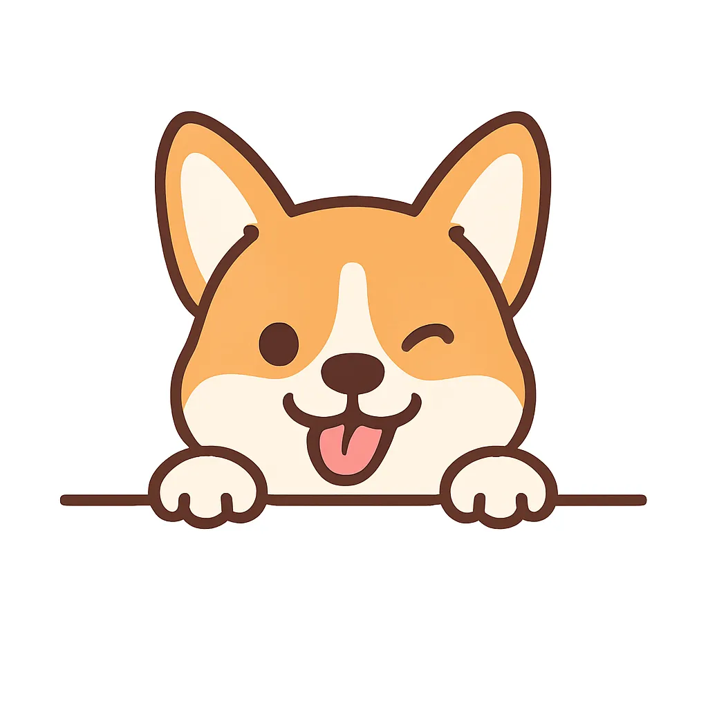 かわいい下からひょっこりコーギーのイラスト｜舌を出してウインクする元気いっぱいのコーギーが下から登場。大きな耳と短い足の印象をデフォルメで表現し、活発で親しみやすい雰囲気を持たせています。