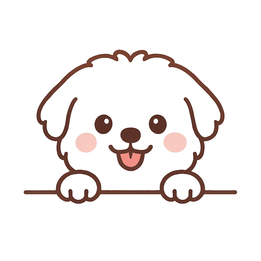 かわいい下からひょっこりマルチーズのイラスト｜真っ白でふわふわの毛並みが魅力のマルチーズが、つぶらな瞳でひょっこり。優しいタッチとピンクの頬が、清楚で柔らかな印象を与える癒しのデザインです。