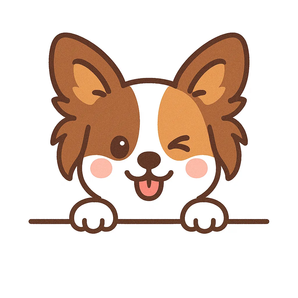 かわいい下からひょっこりパピヨンのイラスト｜大きな耳が特徴的なパピヨンが、ウインクしながら元気にひょっこり。毛の流れを活かした描線とカラフルな配色で、軽やかで華やかな印象に仕上げています。