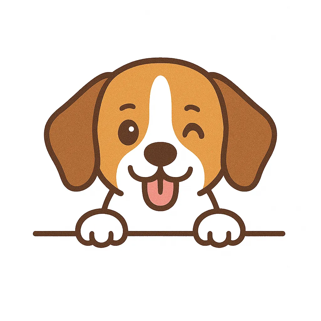 かわいい下からひょっこりビーグルのイラスト｜優しい表情のビーグルが、舌を出して下からウインク。耳の長さや配色の切り替えが特徴をよく表し、親しみやすく元気な雰囲気を伝える構成です。