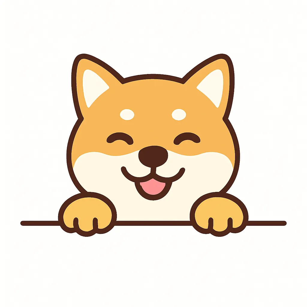 かわいい下からひょっこり柴犬のイラスト｜にっこり笑顔の柴犬が下からひょっこり顔をのぞかせる構図。シンプルでクリーンな線と、明るいカラーで描かれた元気いっぱいの表情が特徴です。