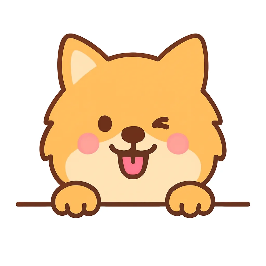 かわいい下からひょっこりポメラニアンのイラスト｜ポメラニアンが舌を出してウインクしながら登場。ふんわりとした毛並みと大きな目元が、元気で愛嬌たっぷりの存在感を演出するイラストになっています。