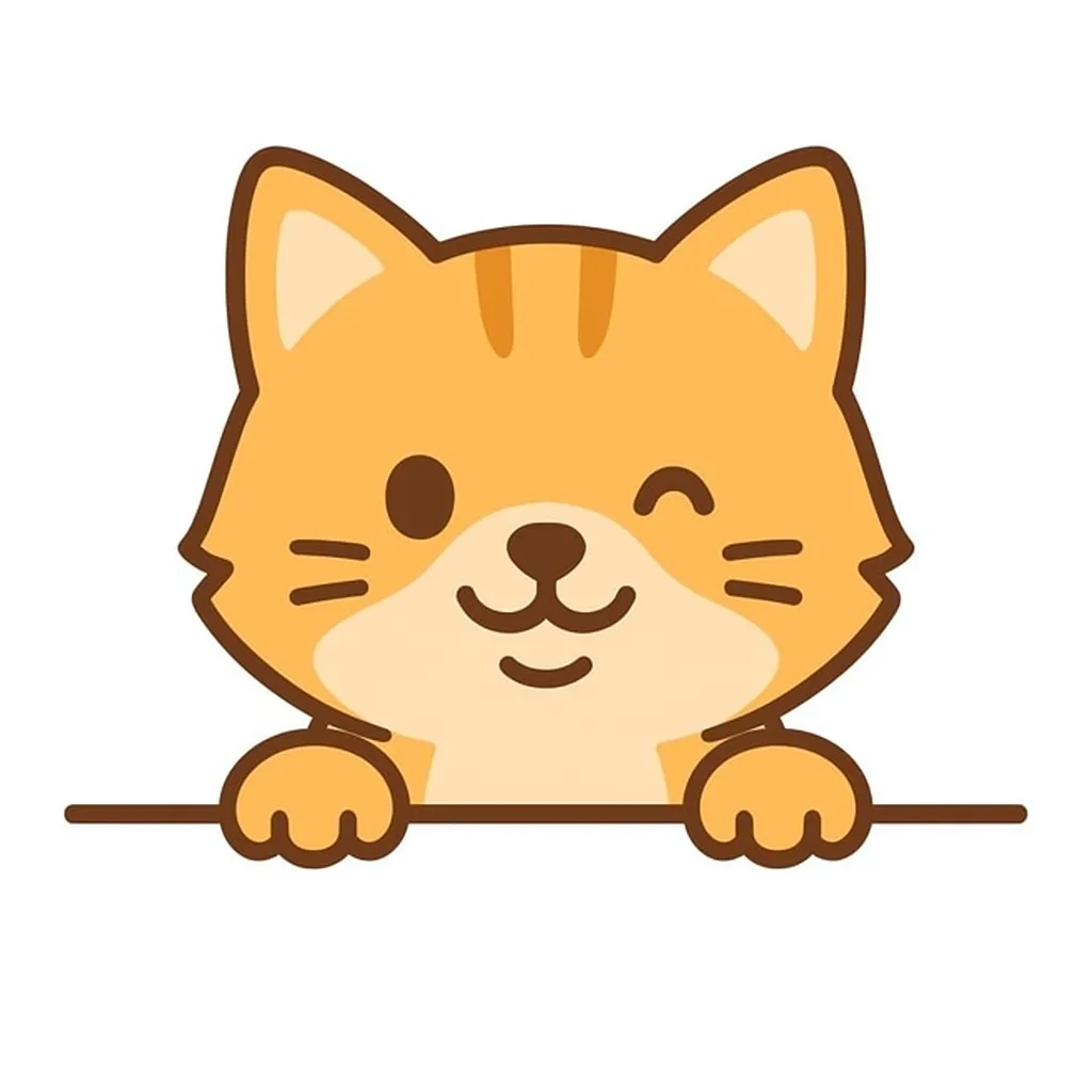かわいい下からひょっこり子猫のイラスト｜オレンジ色の子猫がウインクしながら下から顔を出す、元気でキュートな構図。シンプルな線と明るい配色が、親しみやすさと安心感を演出しています。