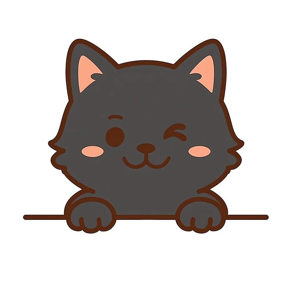 かわいい下からひょっこり黒猫のイラスト｜黒猫がウインクしながら下からひょっこり。落ち着いた色合いとピンクの頬のコントラストが絶妙で、少しミステリアスで愛嬌のある雰囲気を感じさせます。