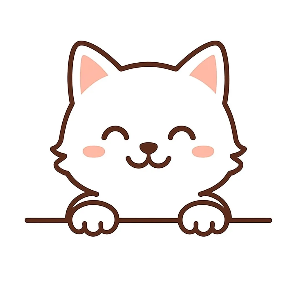 かわいい下からひょっこり白猫のイラスト｜純白の毛並みの白猫が、穏やかな笑顔でひょっこり登場。線のやわらかさと明るい配色により、清潔感と繊細さを持ったかわいらしい仕上がりです。