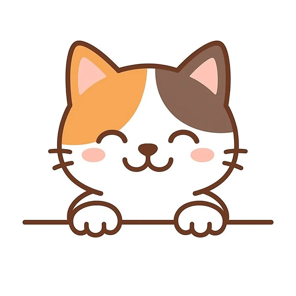 かわいい下からひょっこり三毛猫のイラスト｜三毛猫がにっこりと下から顔を出す、やさしい雰囲気のイラスト。特徴的な三色のバランスと表情が、親しみやすさと自然体の魅力を表現しています。