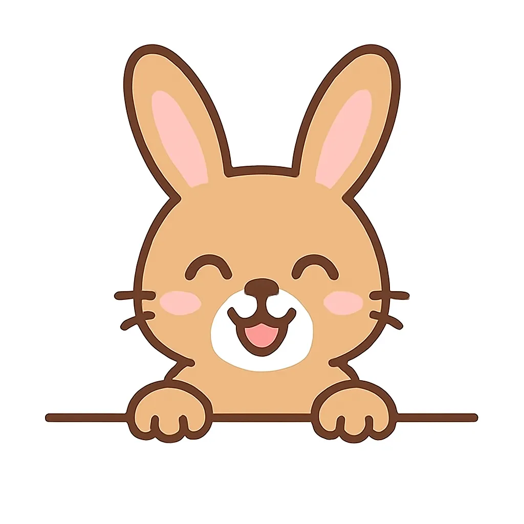 かわいい下からひょっこりうさぎのイラスト｜ピンクの耳が愛らしいうさぎが、笑顔でひょっこり顔を出すイラスト。丸みを帯びたシルエットとふんわりタッチが、やさしくほんわかした雰囲気を生み出しています。
