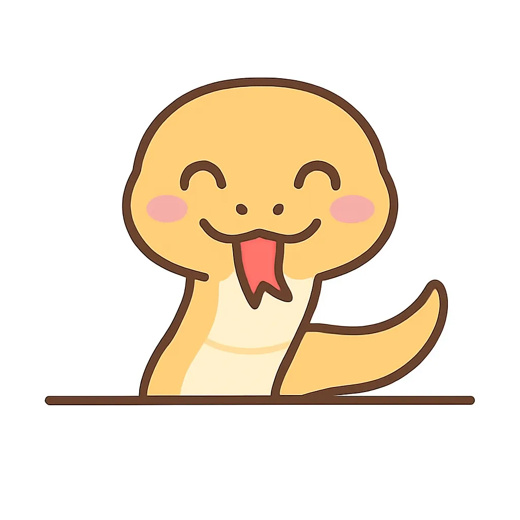 かわいい下からひょっこり蛇のイラスト｜にっこり笑う蛇が舌を出してひょっこり登場。親しみやすい表情とシンプルなラインで、こわくないポップでかわいいヘビのキャラクターとして描かれています。