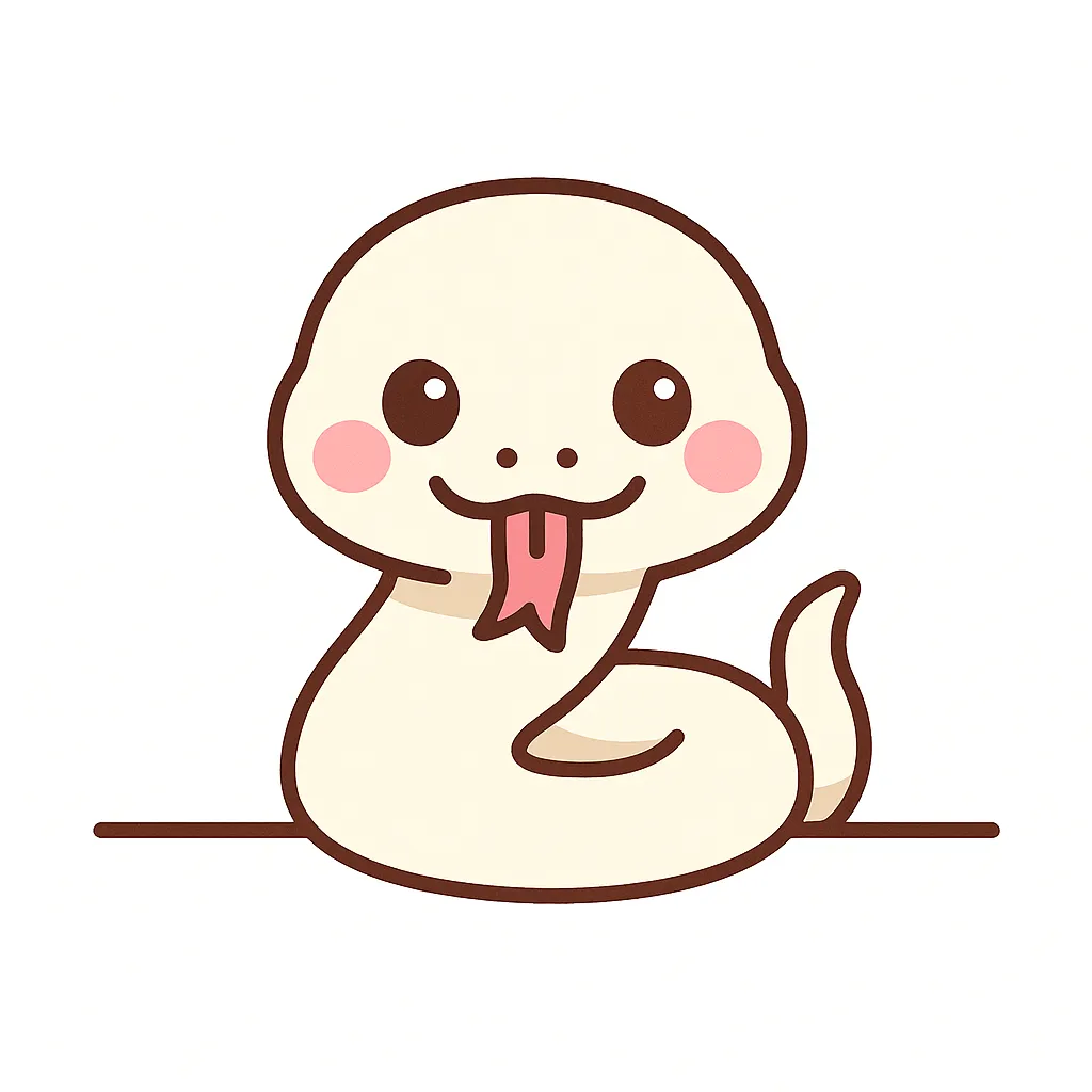 かわいい下からひょっこり白蛇のイラスト｜白蛇がつぶらな瞳と舌出しポーズでひょっこり。真っ白なボディと赤い舌のアクセントが神秘的で、縁起の良さを感じさせるかわいらしいデザインです。