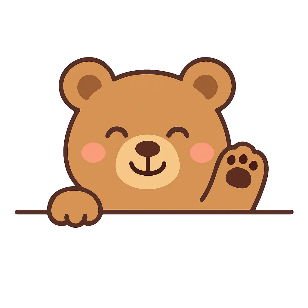 かわいい下からひょっこりくまのイラスト｜茶色のくまが片手を挙げてごあいさつ。丸いフォルムと微笑んだ顔が、やさしく親しみやすい雰囲気を与え、見る人をほっこりさせる一枚です。