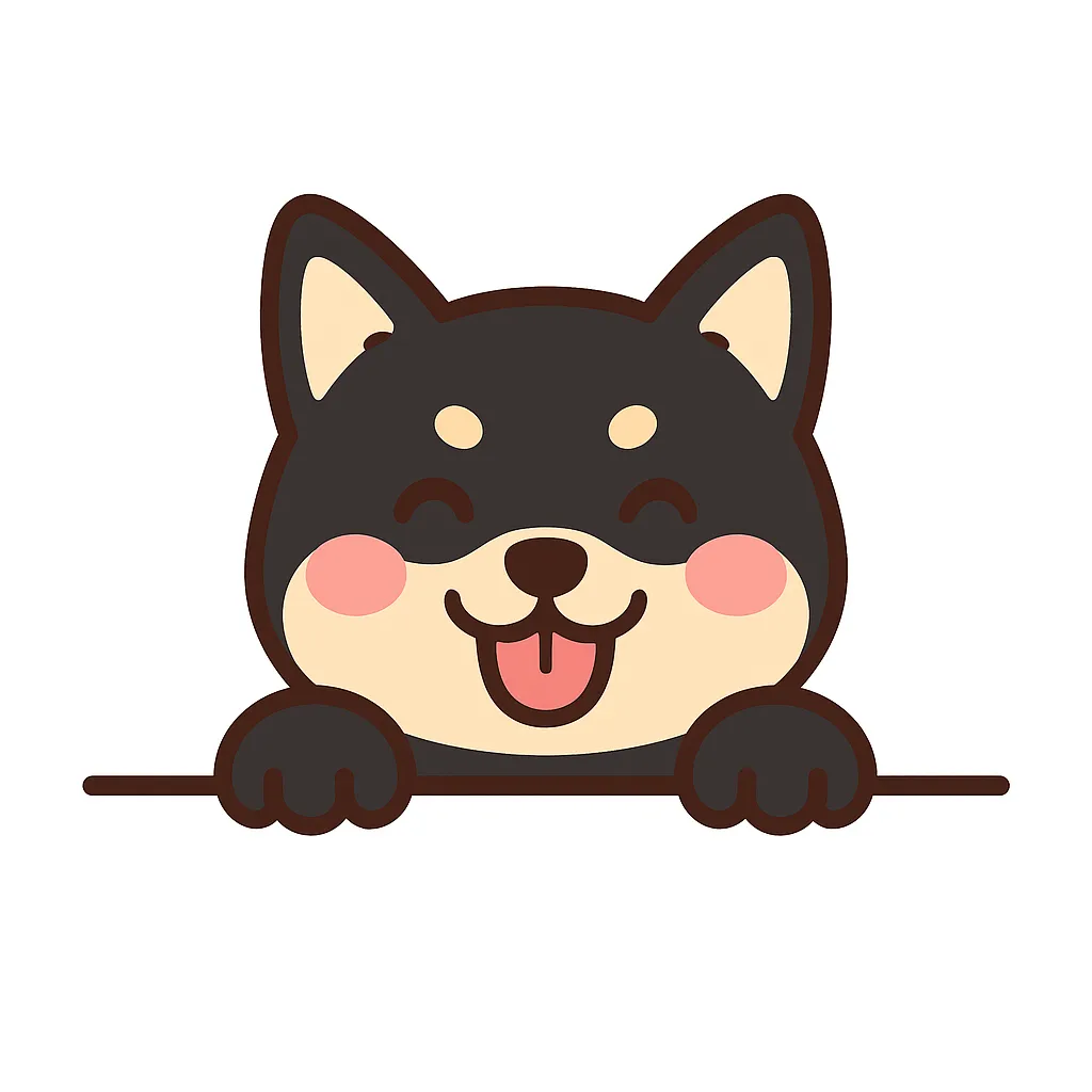 かわいい下からひょっこり黒柴犬のイラスト｜黒柴犬が舌を出してひょっこり登場。黒とベージュの配色に、ほんのり赤い頬がアクセント。素朴でチャーミングな魅力を引き立てるデザインです。