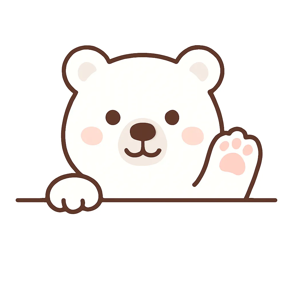 かわいい下からひょっこり白くまのイラスト｜白くまがピンクの肉球を見せて手を挙げるポーズでひょっこり。シンプルな色合いとクリーンな線が、清潔感と無邪気なかわいさを引き立てています。