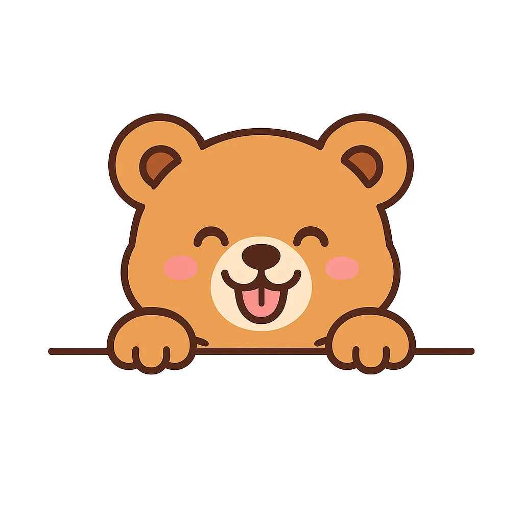 かわいい下からひょっこりテディベアのイラスト｜テディベアが舌を出してにっこり笑顔で登場。シンプルで丸みのある線が親しみやすさを引き出し、ぬいぐるみのような愛らしさが伝わるデザインです。