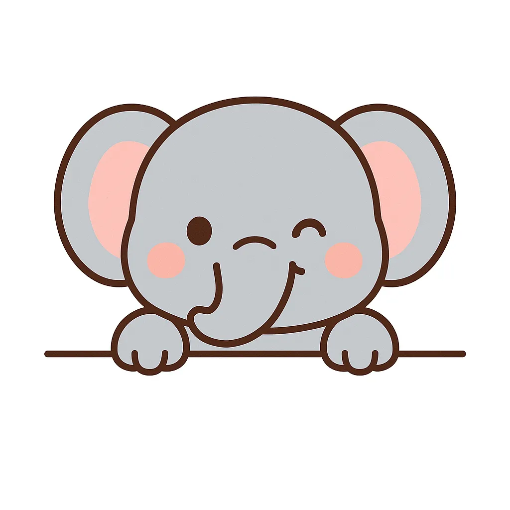 かわいい下からひょっこりぞうのイラスト｜大きな耳と長い鼻が特徴のぞうがウインクしながら登場。丸みのあるフォルムとやさしいグレートーンが、穏やかであたたかい雰囲気を演出しています。