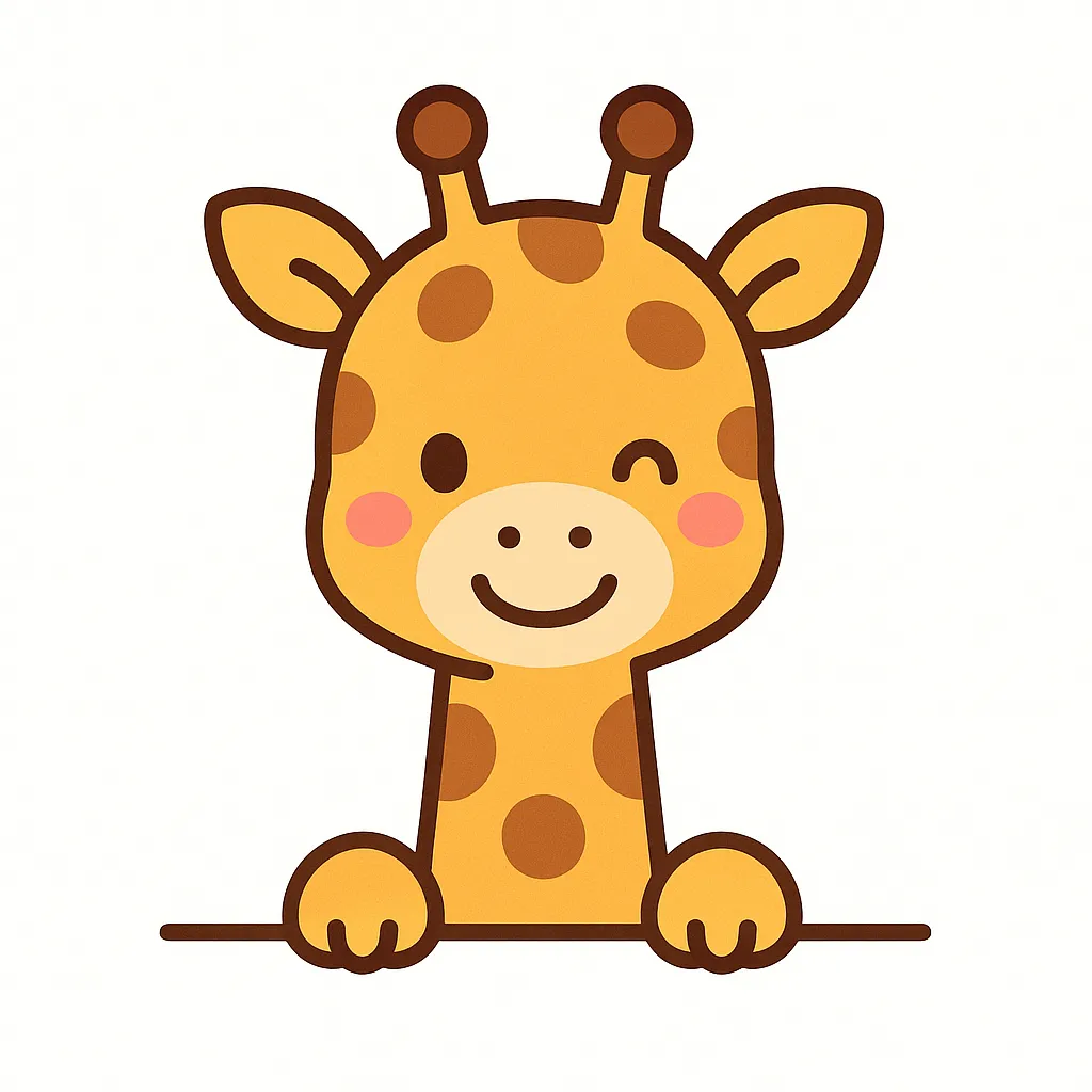 かわいい下からひょっこりきりんのイラスト｜きりんが長い首を活かして下からひょっこり。特徴的な斑点模様とウインク表情で、のびやかで明るい性格を感じさせる仕上がりになっています。