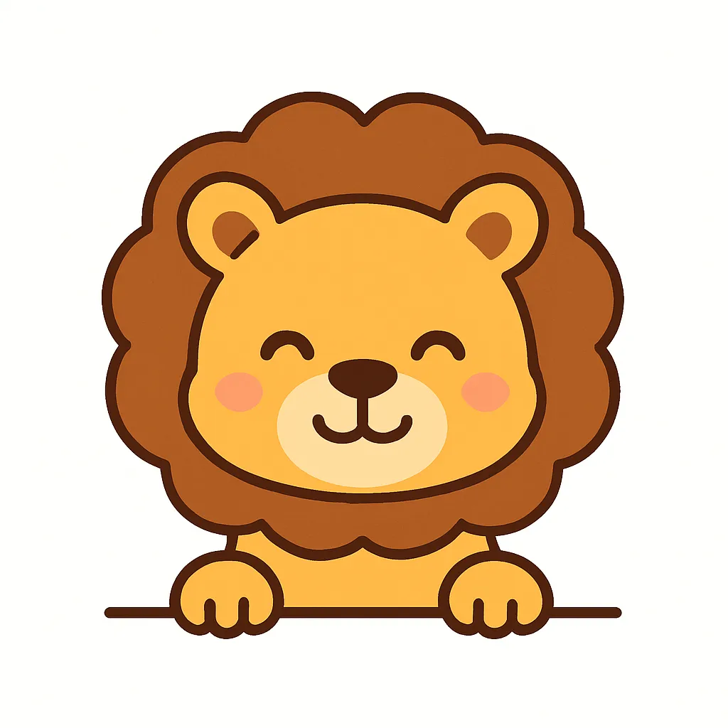 かわいい下からひょっこりライオンのイラスト｜たてがみをふんわり描いたライオンがにっこり笑顔で登場。威厳ある動物も親しみやすく表現されており、元気で安心感のあるビジュアルが魅力です。