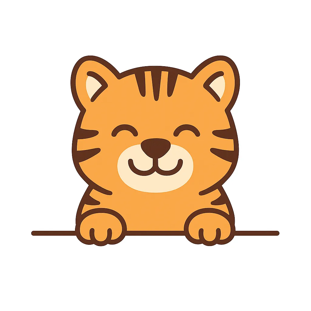 かわいい下からひょっこり虎のイラスト｜虎が目を細めて笑顔で登場。オレンジのベースに黒のストライプが映え、優しい線で描かれた表情が元気でフレンドリーな印象を与えています。