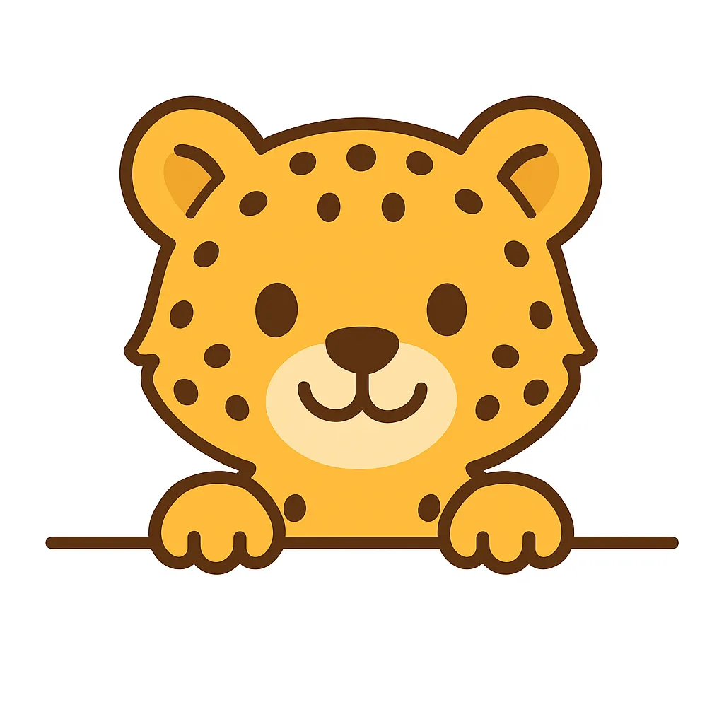 かわいい下からひょっこりチーターのイラスト｜チーターがひょっこり顔を出すデザイン。細かい斑点模様と黄色ベースのカラーが特徴で、すばしっこいイメージに反して可愛らしさが際立っています。
