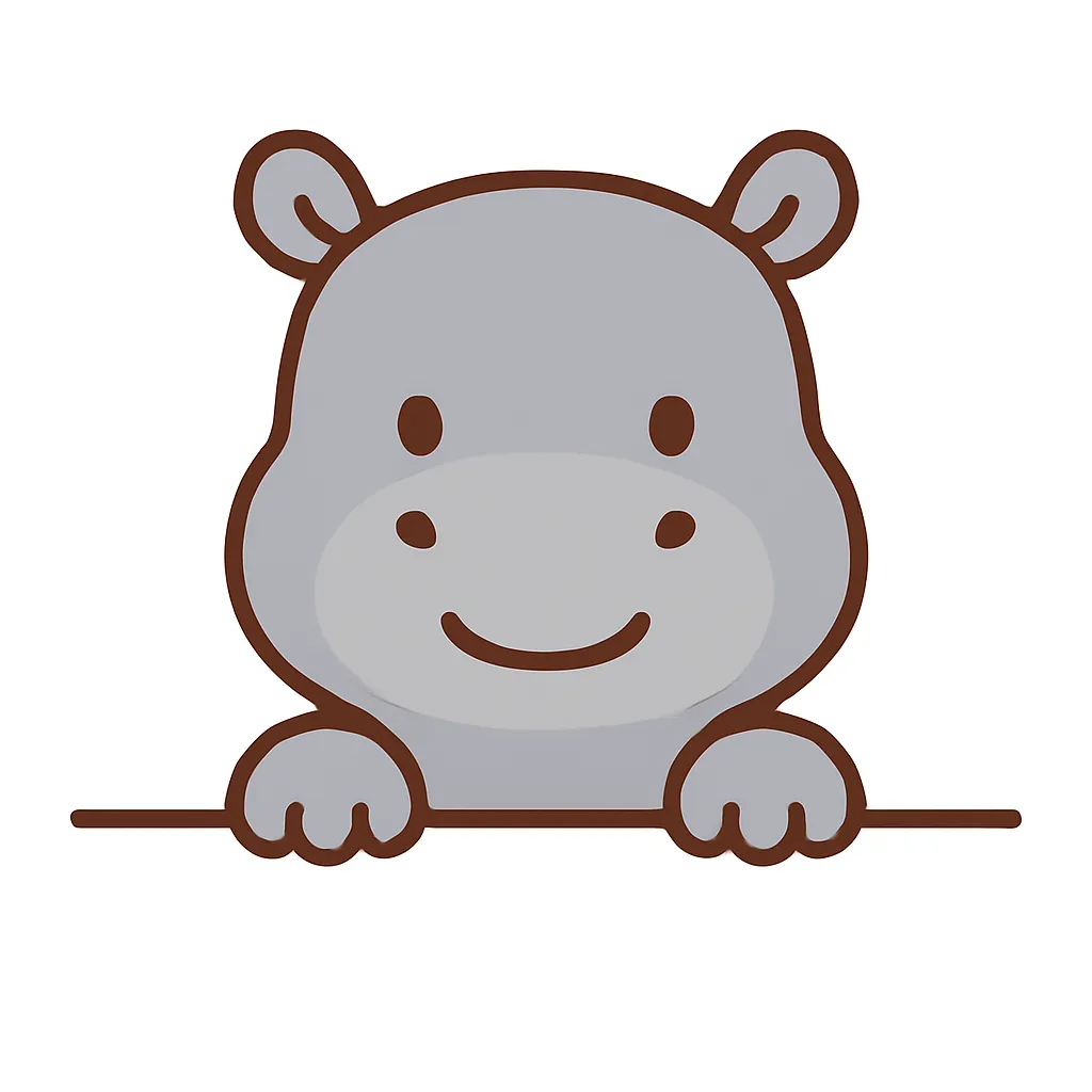 かわいい下からひょっこりカバのイラスト｜グレーのカバがにっこり微笑んで登場。ボリュームのある丸いフォルムと控えめな表情が、どっしりとした安心感とやさしさを感じさせるイラストです。