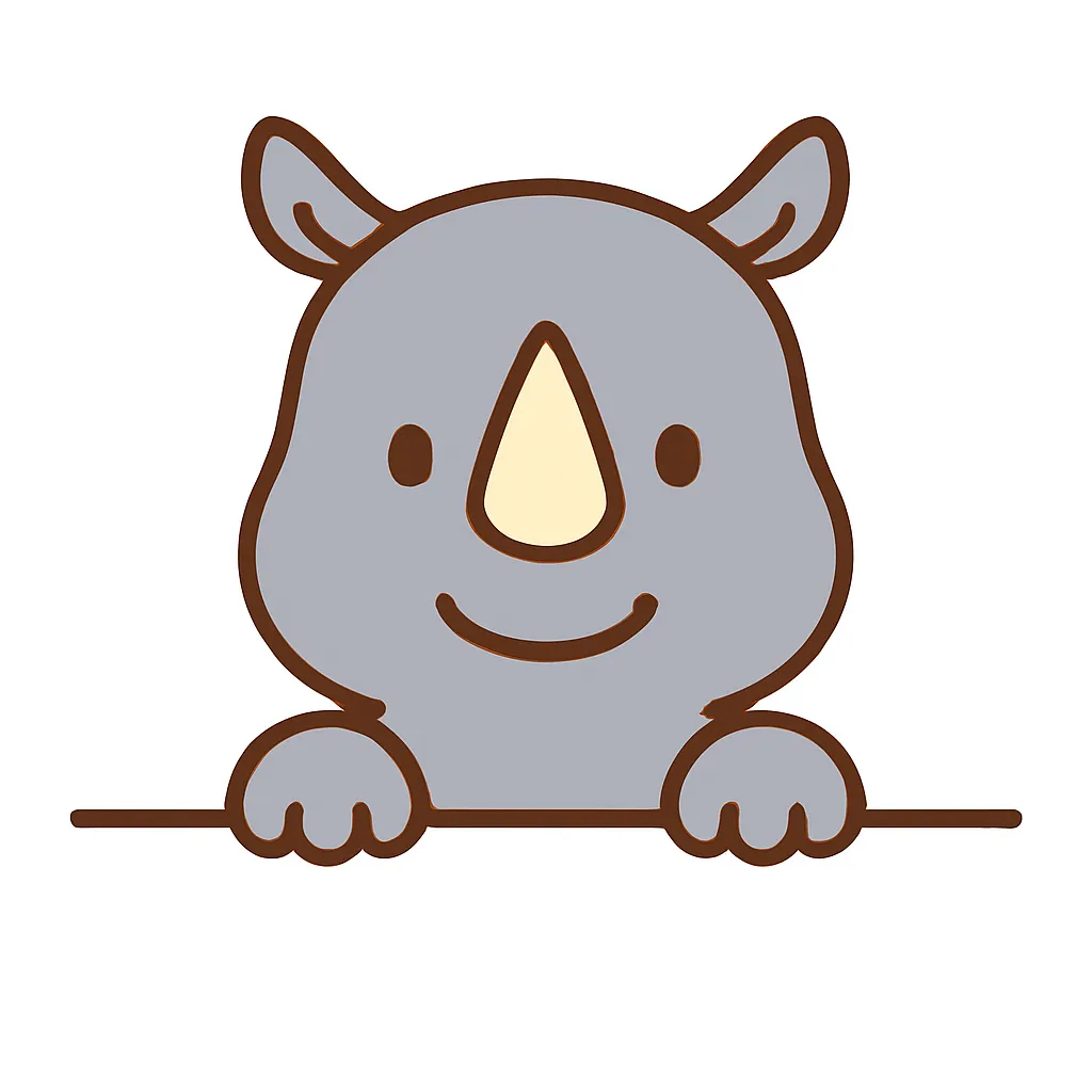 かわいい下からひょっこりサイのイラスト｜サイが角を見せながら顔を出すユニークな構図。太めの輪郭線とグレートーンで描かれており、力強さと穏やかさが共存する魅力を表現しています。