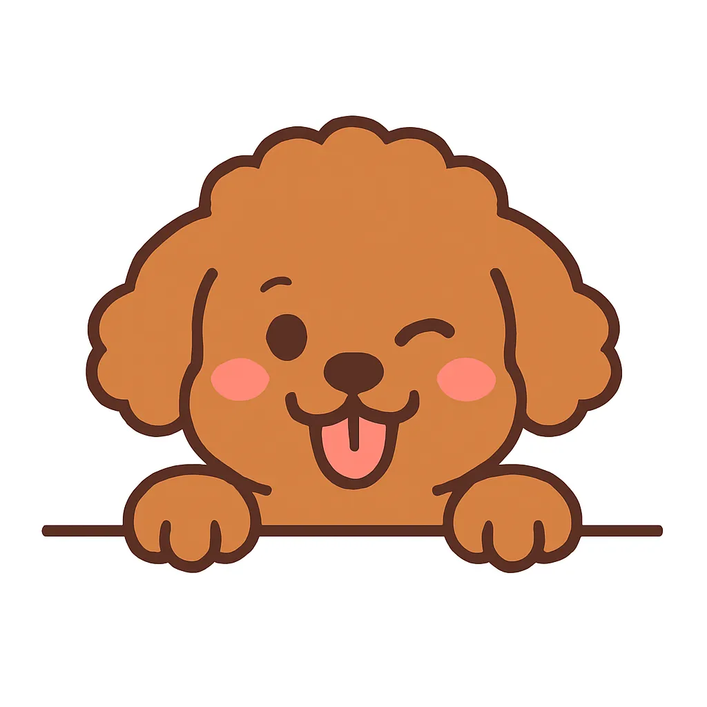 かわいい下からひょっこりトイプードルのイラスト｜ウインクしたトイプードルが下から顔を出し、元気いっぱいの様子を表現。ふんわりした毛並みの表現と、くるんとした耳が愛らしさを際立たせます。