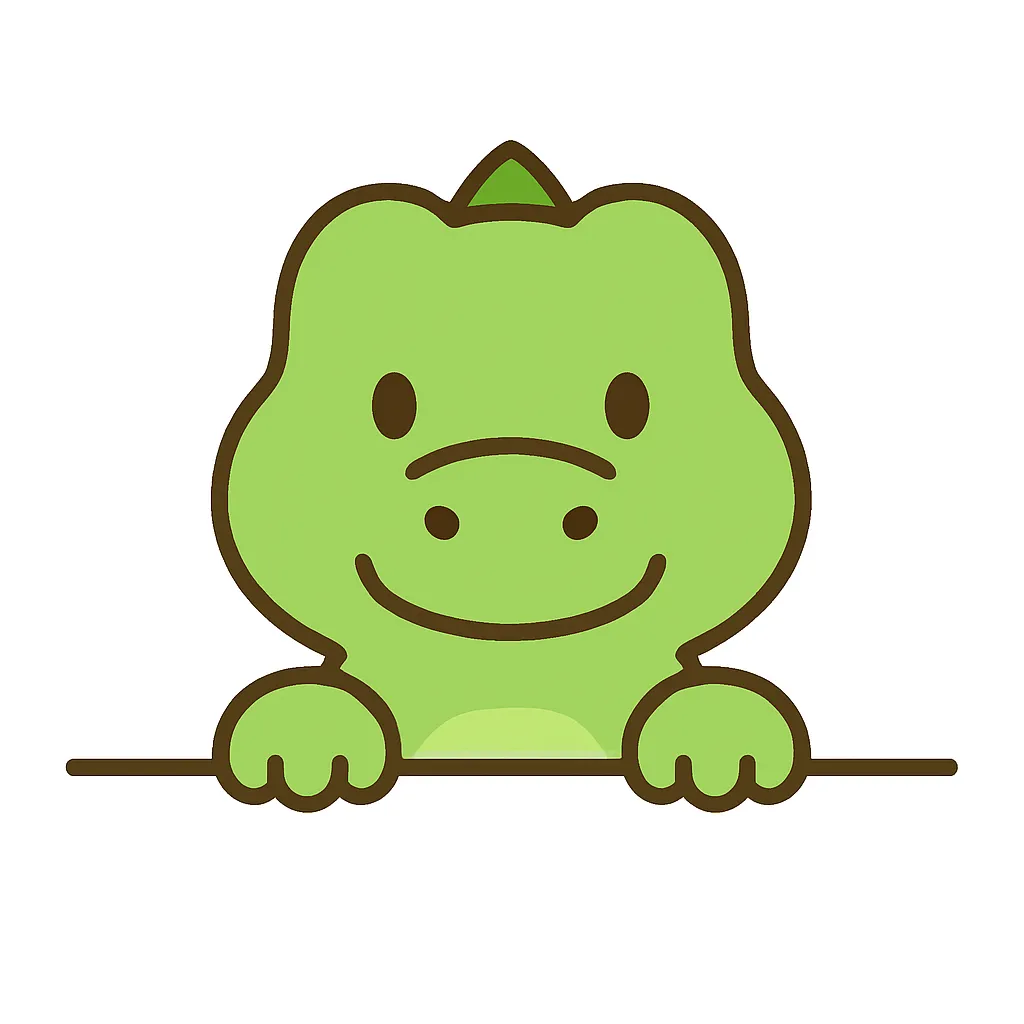 かわいい下からひょっこりワニのイラスト｜緑のワニが笑顔でひょっこり登場。丸みのある形状と優しい表情によって、こわい印象を和らげ、親しみやすいキャラクターとして描かれています。